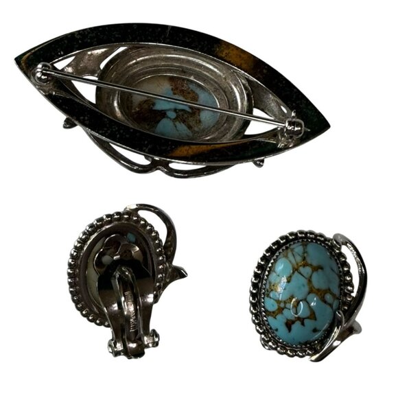 Whiting & Davis Brooch & Earrings Set Faux Turquoise Glass Cabochon Silver-Tone - Picture 5 of 7